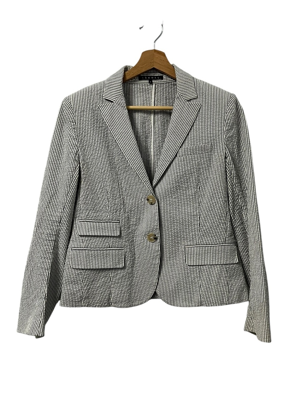 Theory Women’s 8 Blue Seersucker Blazer Tailored Cotton Peak Lapel Jacket
